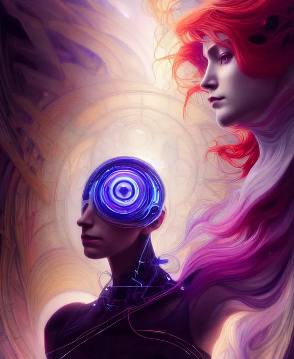 Image similar to a whirlwind of souls rushing inside the metaverse, hologram, half body, neurochip, shaved temple, piercing, jewelry, android, cyborg, cyberpunk face, by loish, d & d, fantasy, intricate, elegant, highly detailed, colorful, digital painting, artstation, concept art, art by artgerm and greg rutkowski and alphonse mucha