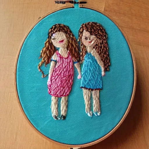 Image similar to a tiny beautiful handmade embroidery of two siblings, an older sister with curly brown hair and a younger brother with straight blonde hair. hand embroidery.