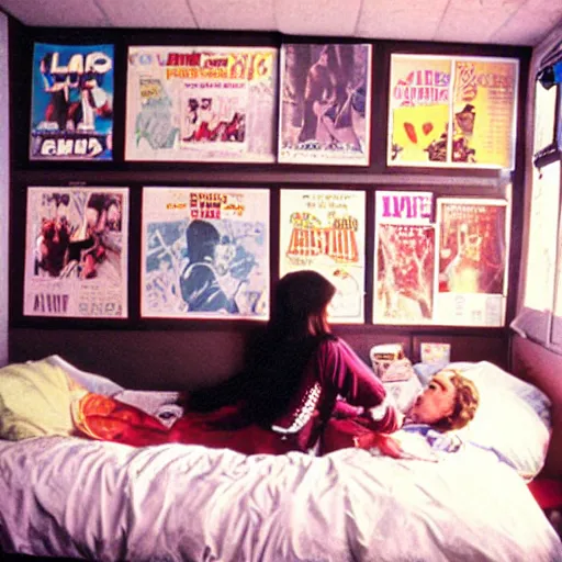 Image similar to 1 9 8 0 s college dorm room covered with posters from movies, pinups, bands, album covers, concert posters from the 1 9 8 0 s, light streaming in window, young woman laughing on bed.