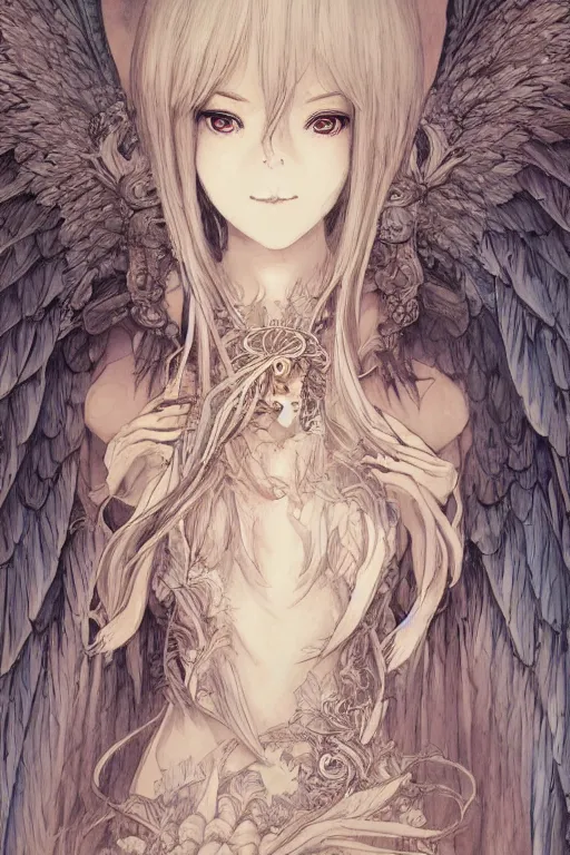 Image similar to Portrait of beautiful anime maiden with angelic wings, intricate, elegant, highly detailed, artstation, concept art, illustration, art by Sakimichan, Katsuya Terada