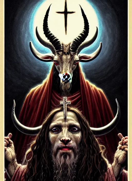 Image similar to elden ring themed orthodox baphomet goat jesus icon tarot card portrait, piercing gaze, byzantine aesthetic, doom, religious, sinister, ornate, intricate, beautifully backlit, subtle tones, digital painting, concept art, smooth, sharp focus, illustration, art by josan gonzalez, greg rutkowski, killian eng and zdizslaw beksinski