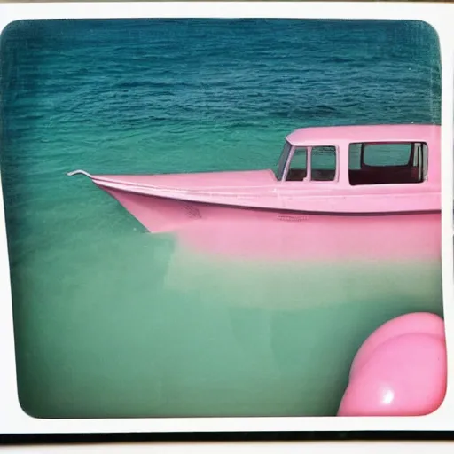 Image similar to a pastel colour high fidelity wide angle Polaroid art photo from a holiday album at a seaside of a large pink ship in the sea surrounded with abstract inflatables, all objects made of transparent iridescent Perspex and metallic silver, a grid of sun beds iridescence, nostalgic