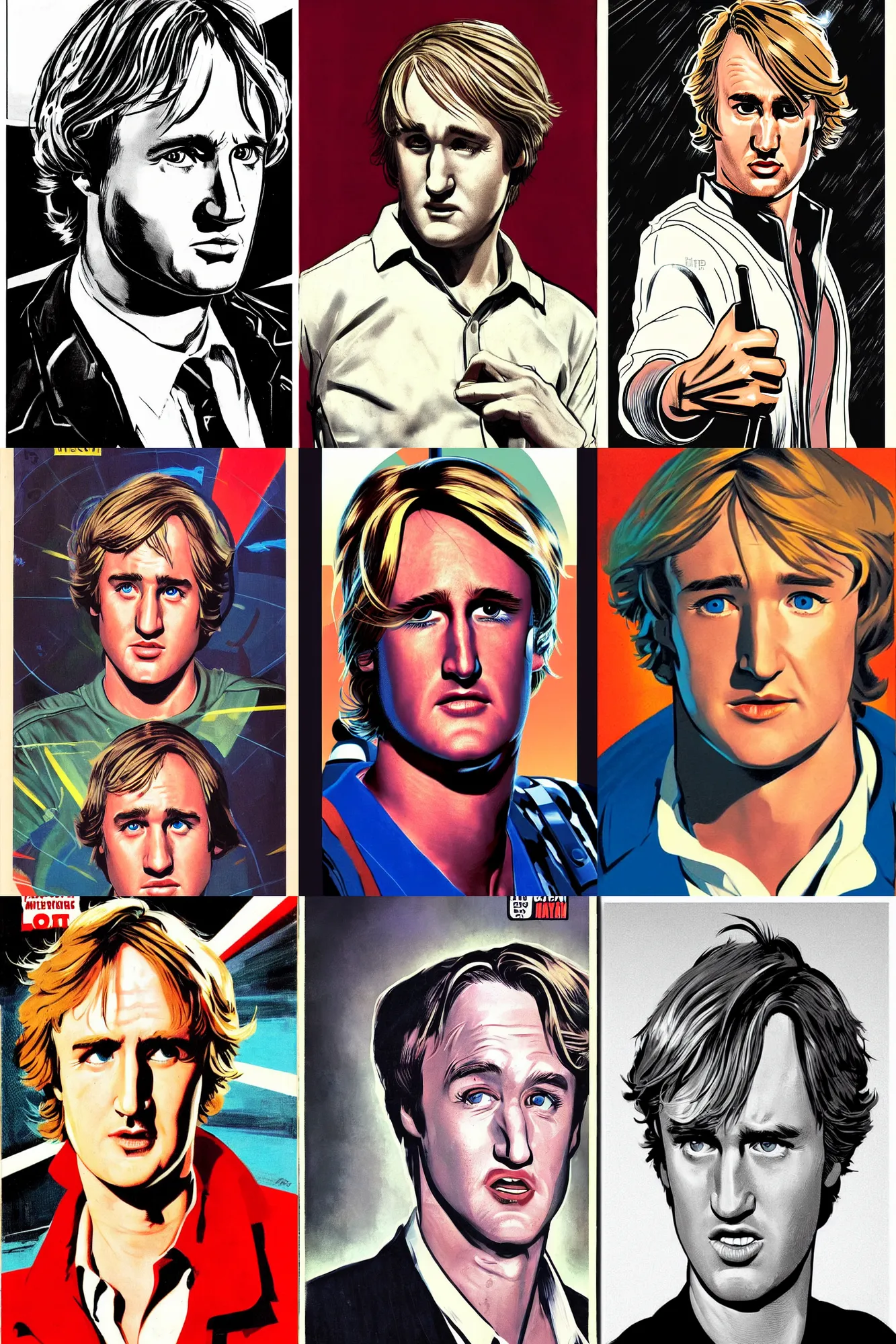 Prompt: scifi portrait of Owen Wilson mixed with Haley Joel Osment. McGinnis, pulp comic style, circa 1958, photorealism