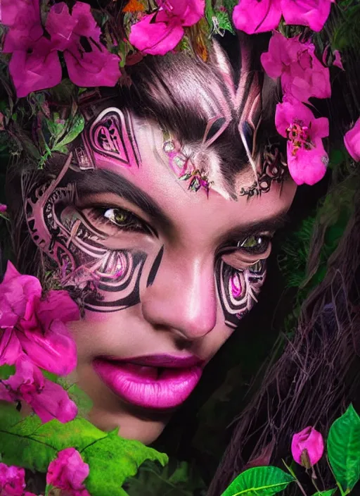 Image similar to a beautiful portrait of a beautiful smiling woman in the jungle surrounded by pink flowers, tribal face paintings, matte painting, fantasy art