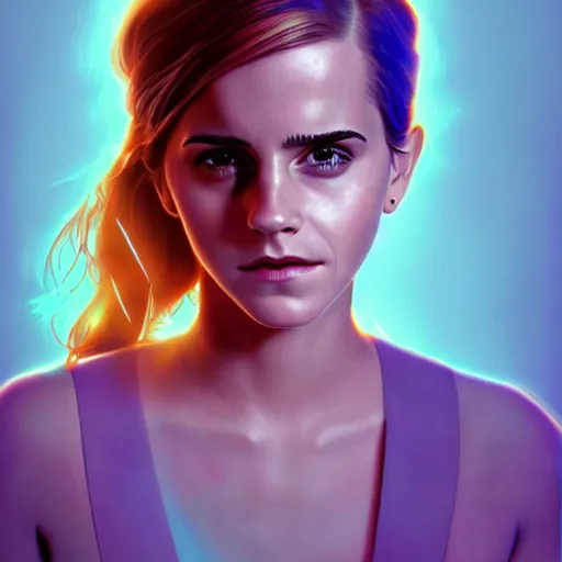 Image similar to Emma Watson, head and shoulders portrait, the background is a huge futuristic city, cyberpunk style futuristic neon lights, artstation cgsociety masterpiece highly-detailed