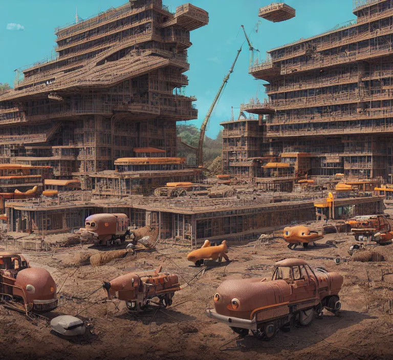 Prompt: hyperrealism photography hyperrealism concept art of highly detailed beavers builders that building highly detailed futuristic from far future city by wes anderson and hasui kawase and scott listfield sci - fi style hyperrealism rendered in blender and octane render volumetric natural light