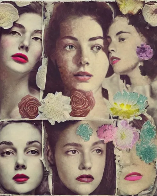 Prompt: women's faces, cut and paste collage, glitched flowers, muted color, ripple effect, 1 9 5 0 s elements, water stains, many serene - looking faces