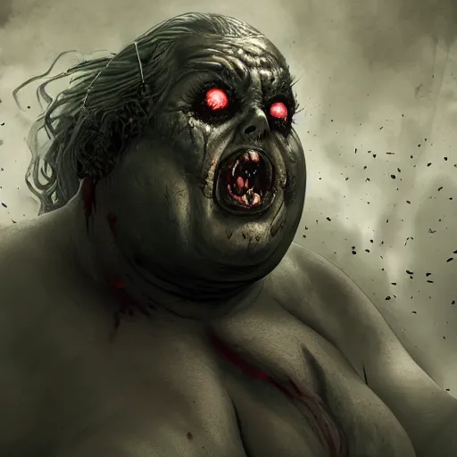Image similar to angry extremely fat obese giant zombie woman, full body portrait, with clothese, horror core, apocalyptic, feeling of grimdark, sharp focus, fiction, hyper detailed, digital art, trending in artstation, cinematic lighting, studio quality, smooth render, unreal engine 5 rendered, octane rendered, art style and nixeu and wlop and krenz cushart