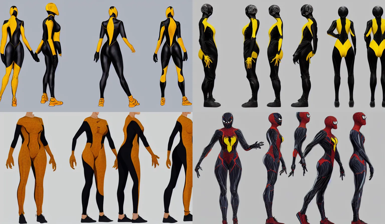 Prompt: full body character turnaround of a woman in an orb weaver inspired outfit, textured suit, character sheet, spiderwoman!!!!!, john singer sargent, good value control, highly detailed portrait, digital painting, concept art, running shoes, sharp focus, illustration, 8 k, black undersuit, black main color with yellow secondary color, realistically proportioned body