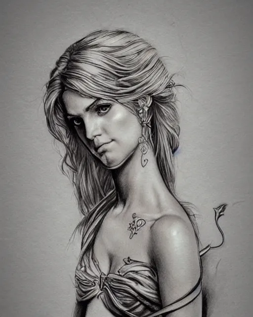 Image similar to tattoo sketch of beautiful greek goddess aphrodite, bow and arrow, beautiful piercing eyes, flowing blonde hair, realistic face, hyper realistic, in the style of greg rutkowski, fantasy, amazing detail, epic, intricate, elegant, smooth, sharp focus