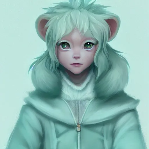 Prompt: aesthetic portrait commission of an albino male furry anthro lion wearing a cute mint colored, cozy, soft pastel winter outfit. winter atmosphere character design by charlie bowater, ross tran, artgerm, and makoto shinkai. art from furaffinity, weasyl, deviant art, and tumblr.