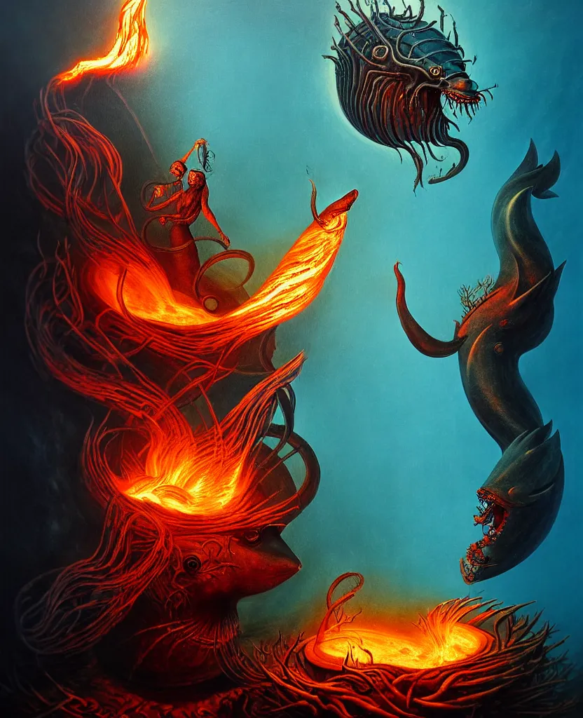 Image similar to mysterious bestiary of wild emotion monsters repressed in the deep sea of unconscious of the psyche lead by baba yaga, about to rip through and escape in a extraordinary revolution, dramatic fire glow lighting, surreal painting by ronny khalil