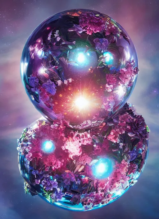 Image similar to An epic fantastic realism comic book style painting of the most beautiful flowers launched into space, perfect shiny silver iridescent spheres, bouquets, fisheye lens, unreal 5, DAZ, hyperrealistic, octane render, dynamic lighting