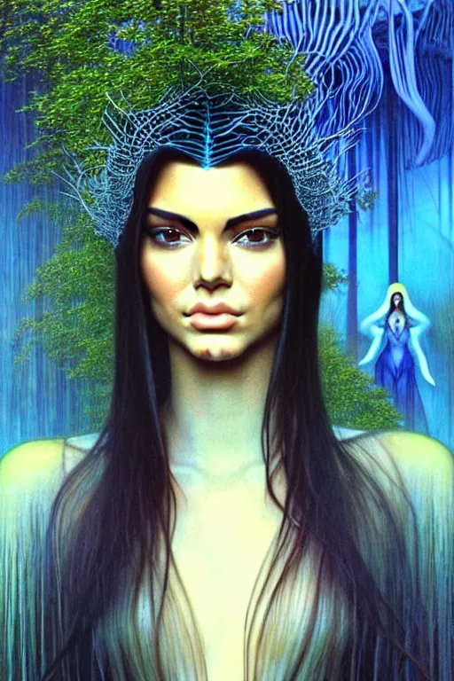 Image similar to realistic detailed face portraitphoto of the beautiful kendall jenner with long hair with sci-fi headwear, futuristic sci-fi forest on background by Jean Delville, Amano, Yves Tanguy, Alphonse Mucha, Edward Robert Hughes, Roger Dean, rich moody colours, blue eyes