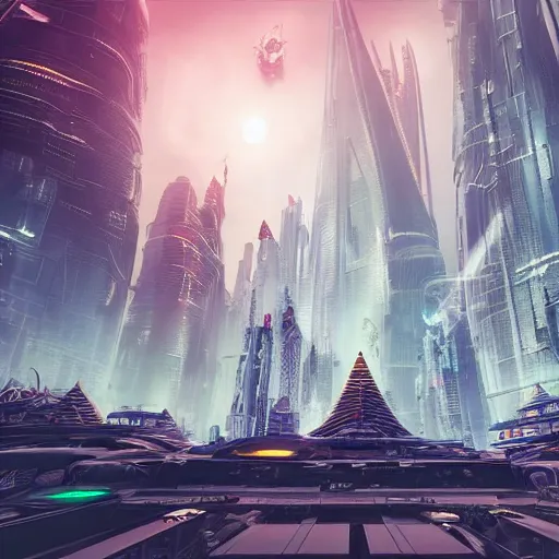 Prompt: a scene of the beautiful intricate epic futuristic city with a cyber sphinx, small hovering cyber pyramids, hyper detailed, cinematic lighting