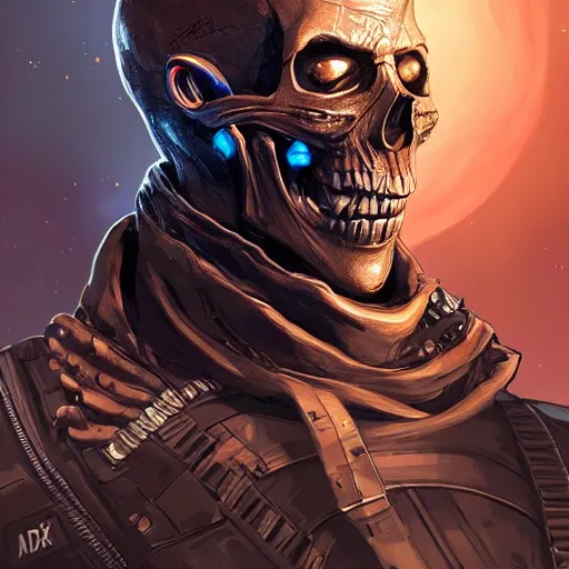 Prompt: a menacing skull face somali space pirate, Apex Legends character digital illustration portrait design, by android jones, detailed, cinematic lighting, wide angle action dynamic portrait