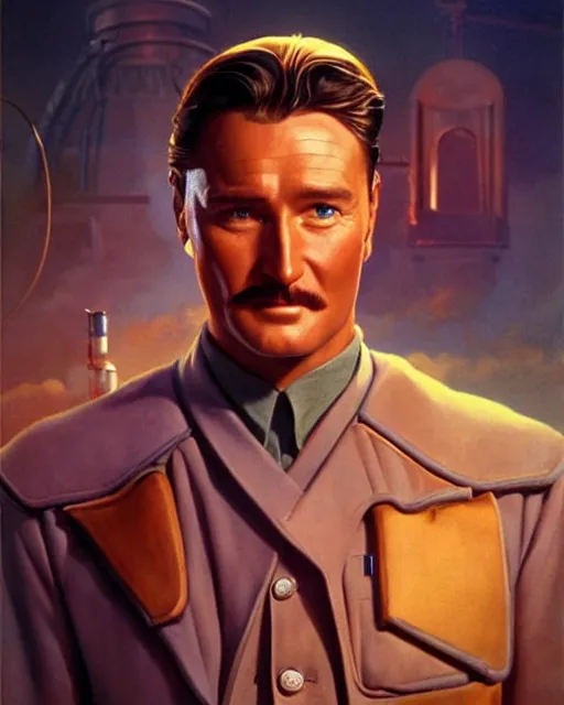 Image similar to Errol Flynn as a scientist. 1980s dystopian Soviet Russia, propaganda screens. Unreal engine, fantasy art by Rhads. Faithfully depicted facial expression, perfect anatomy global illumination, radiant light, detailed and intricate environment