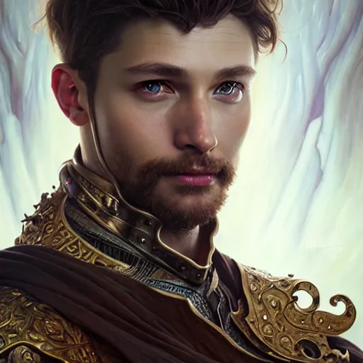 Image similar to portrait painting of a d & d male cleric, ultra realistic, concept art, intricate details, eerie, highly detailed, photorealistic, octane render, 8 k, unreal engine. art by artgerm and greg rutkowski and charlie bowater and magali villeneuve and alphonse mucha