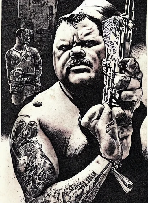 Image similar to gk chesterton as a buff mercenary with tattoos and a shotgun. portrait by james gurney and mœbius.