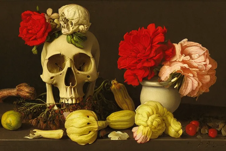 Prompt: still life by evaristo baschenis, flowers, vegetables, skull