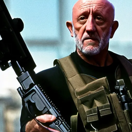 Image similar to Film Still of Mike Ehrmantraut carrying a sniper rifle and wearing a bulletproof vest, 4k, highly detailed, centered