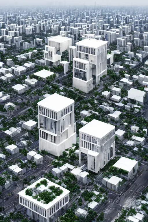 Prompt: several white future office building blocks with chinese xi'an culture, comfortable corridors and platforms, bird's - eye view, in xi'an, china, by paul lehr and john schoenherr and sou fujimoto and gmp and som and oma