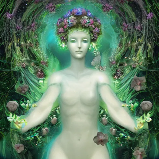 Image similar to glowing delicate flower and mushrooms that grow in a dark fatansy forest on the planet Pandora, an idealistic marble statue with fractal flowery hair in a fractal garden, symmetrical,