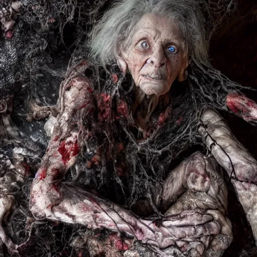 Image similar to an ultra realistic 8 k hdr photo of an elderly jagged raggedy witch woman crippled up and hunched over in a cave over a corpse with blood and meat and bones and mold and spider webs in the year 1 4 0 0