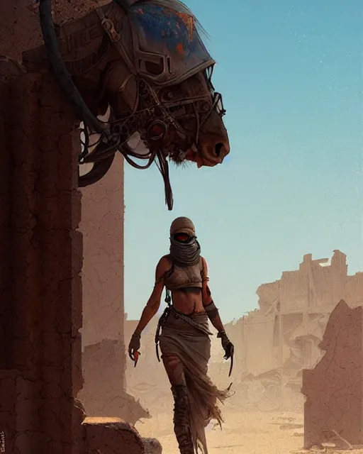Image similar to female desert stalker, lonely rider, covered head, post - apocalyptic ruins | | realistic shaded, fine details, realistic shaded lighting poster by greg rutkowski, diego gisbert llorens, magali villeneuve, artgerm, jeremy lipkin and rob rey