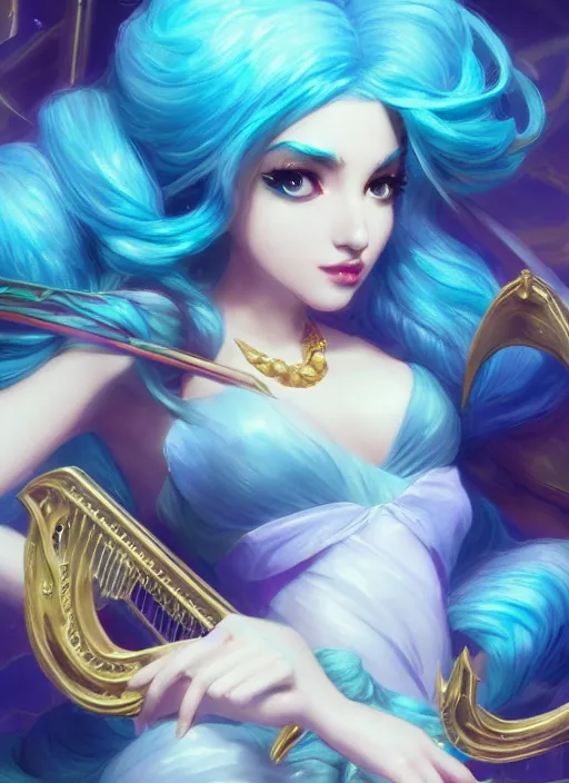 Image similar to elegant sona, from league of legends, with an harp, light blue hair, hyper detailed, digital art, trending in artstation, cinematic lighting, studio quality, smooth render, unreal engine 5 rendered, octane rendered, art style by klimt and nixeu and ian sprigger and wlop and krenz cushart