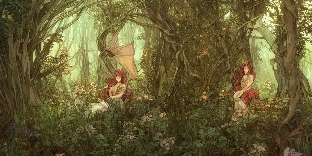 Prompt: an elvish Fairy house in the Woods, fantasy, art nouveau, daylight, warm light, spring, studio ghibli, Moebius, alphonse mucha, siya oum, ultra detailed, High definition, Sharp, artstation