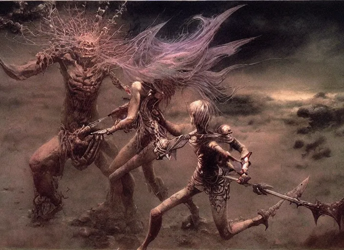 Prompt: bald barbarian girl fighting ethereal goblin princess by Beksinski and Luis Royo