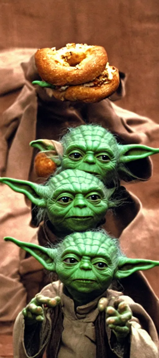 Prompt: Yoda consuming bagels