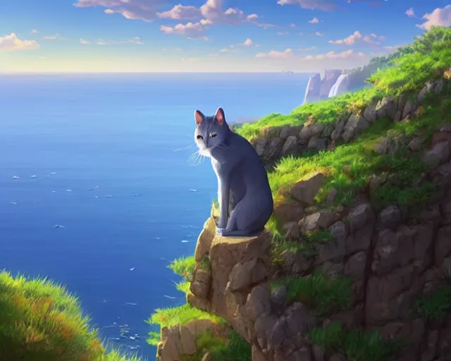 Prompt: one single Russian blue cat sitting on a cliff overlooking the sea. Blue water, nature, blue cat. By Makoto Shinkai, Stanley Artgerm Lau, WLOP, Rossdraws, James Jean, Andrei Riabovitchev, Marc Simonetti, krenz cushart, Sakimichan, D&D trending on ArtStation, digital art.