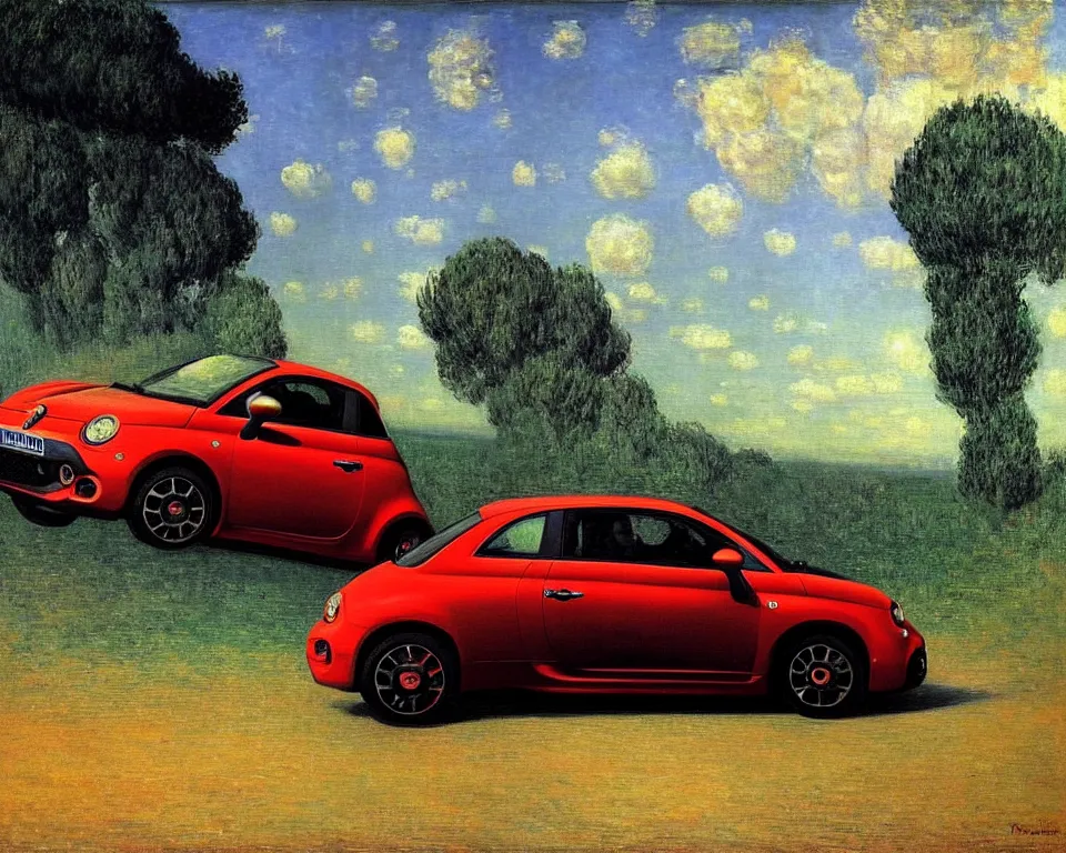 Image similar to achingly beautiful painting of a new fiat abarth by rene magritte, monet, and turner.