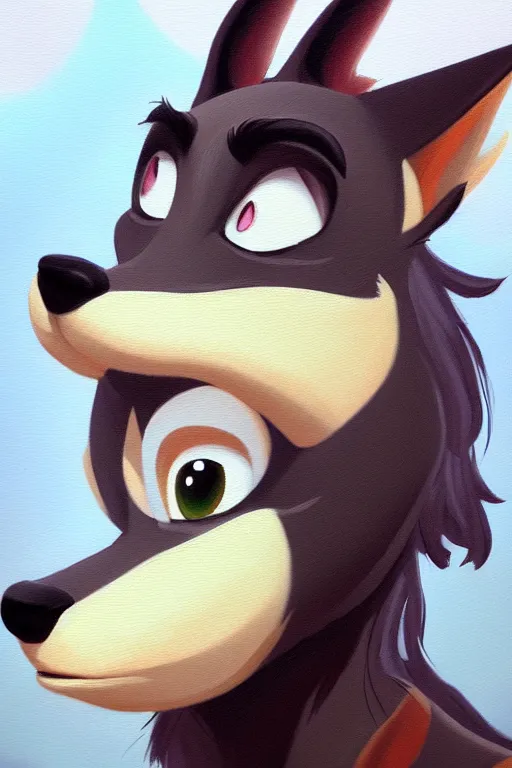 Image similar to oil painting of anthromorphic female wolf, in style of zootopia, female fursona, furry, furaffinity, 4 k, deviantart, furry art, fursona art, wearing black business suit, business suit, wolf fursona, female, very expressive detailed feminine face,