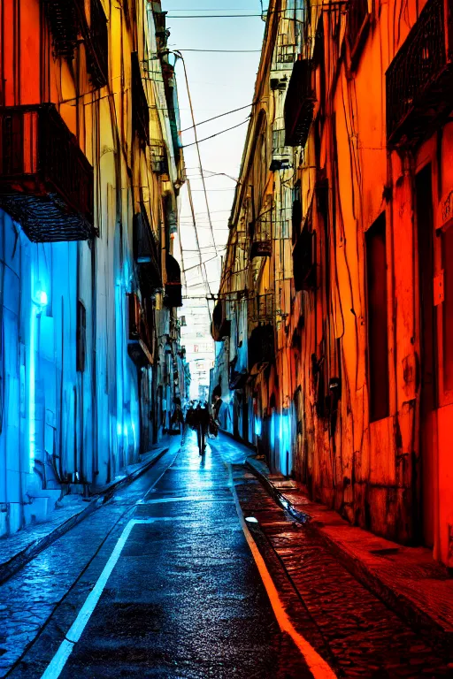 Image similar to neon streets of lissabon, 4 k, award winning photo, cyberpunk style