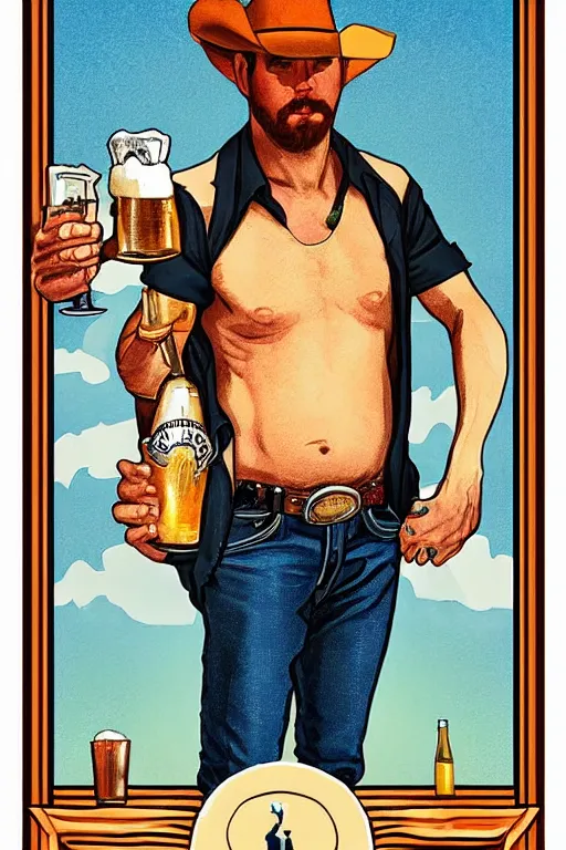 Prompt: a beautiful symmetrical tarot! card of a handsome half-naked cowboy wearing cowboy hat and boots with a beer belly holding food, campfire background, beans, homoerotic, art deco!, art nouveau, by Mark Maggiori, trending on artstation