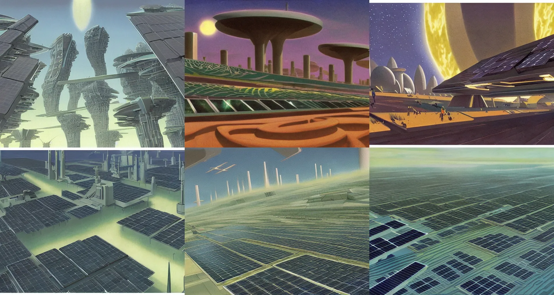 Prompt: plant - draped futurist renewable city powered by clean fusion and solar panels. concept art by ralph mcquarrie