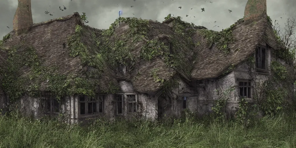 Image similar to photorealistic, ruined english cottage, overgrown vegetation, apocalypse, shadowy lurking creatures, hyperrealistic, grimdark, artstation