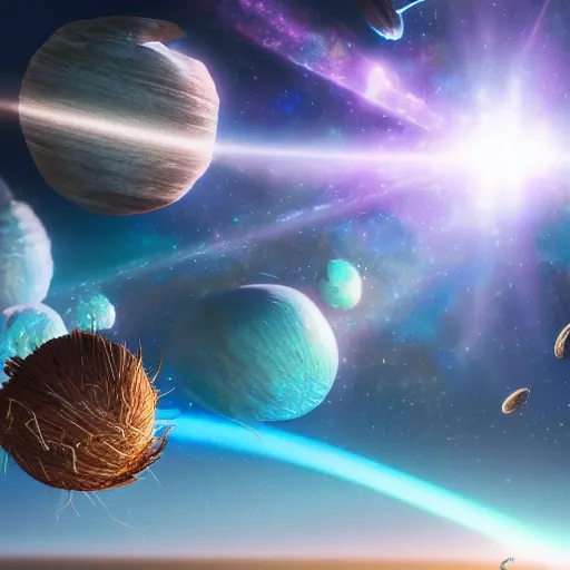 Image similar to an artist's rendering of a brown coconut satellite in space, orchids flowers galaxy, a digital rendering by carl eugen keel, john berkey, featured on cg society, space art, redshift, cinematic, octane render, back light, anamorphic lens flare, colorful, epic reimagined by industrial light and magic