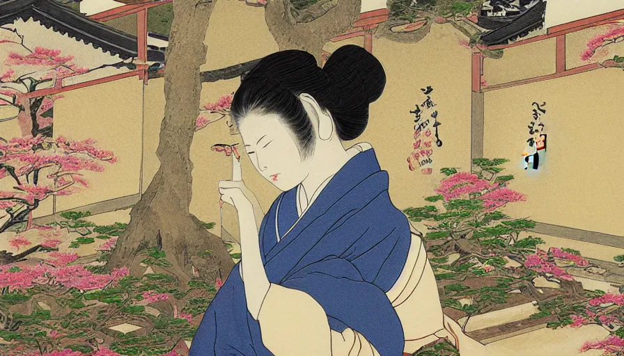 Prompt: painting of a beautiful girl in japan, looking out a window at a temple garden filled with yokai and spirits, uhd, high detail, by james c. christensenn