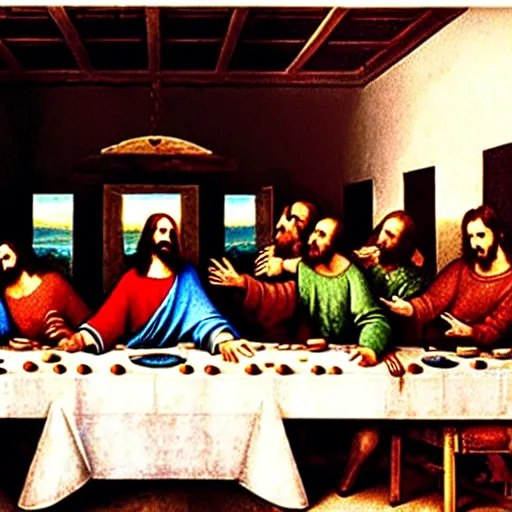 Image similar to the vampires from the show What we do in the shadows in the painting of the last supper by Leonard Da Vinci , photograph, ultrarealistic