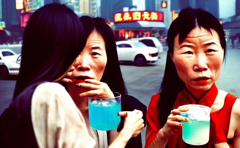 Image similar to cinestill 5 0 d candid photographic portrait by helen levitt of a two android women sharing a drink in futuristic china, extreme closeup, modern cyberpunk, minimalism, dust storm, 8 k, hd, high resolution, 3 5 mm, f / 3 2, ultra realistic faces, intricate detail, ex machina