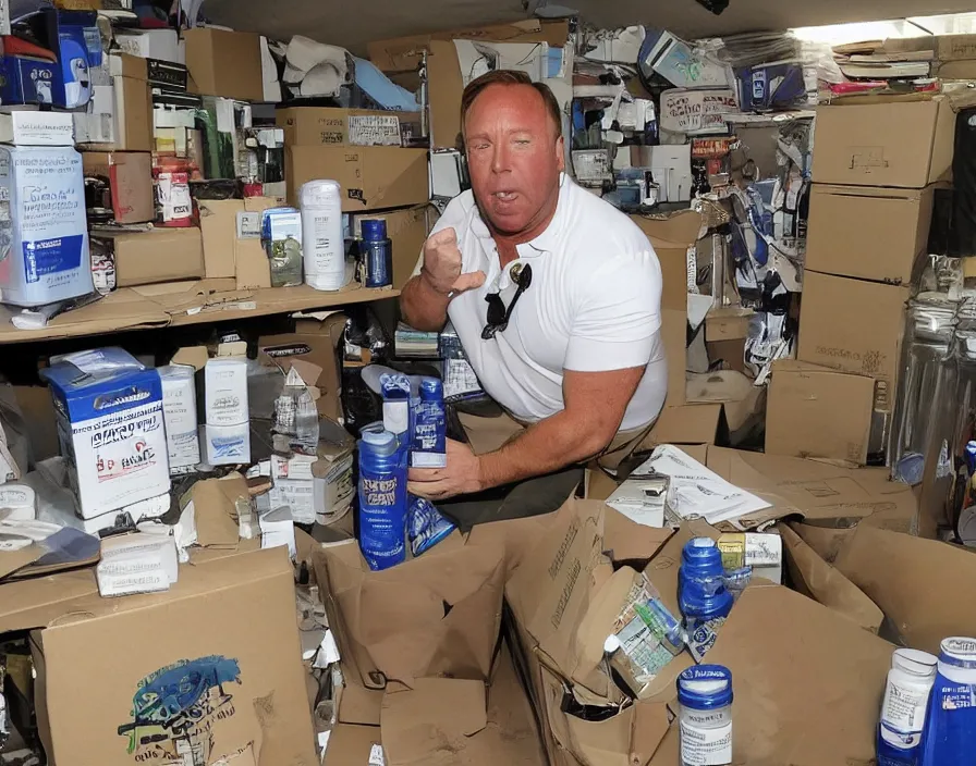 Image similar to Alex Jones inventing new conspiracy theories in his garage office, surrounded by boxes of herbal supplements and trash, sweaty skin, detailed photograph high quality