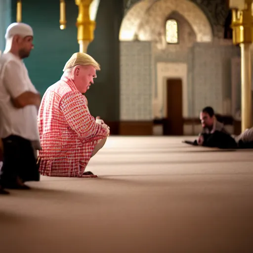 Image similar to Trump praying in mosque, award winning cinematic photography, 50 mm, blurred background, perfect faces