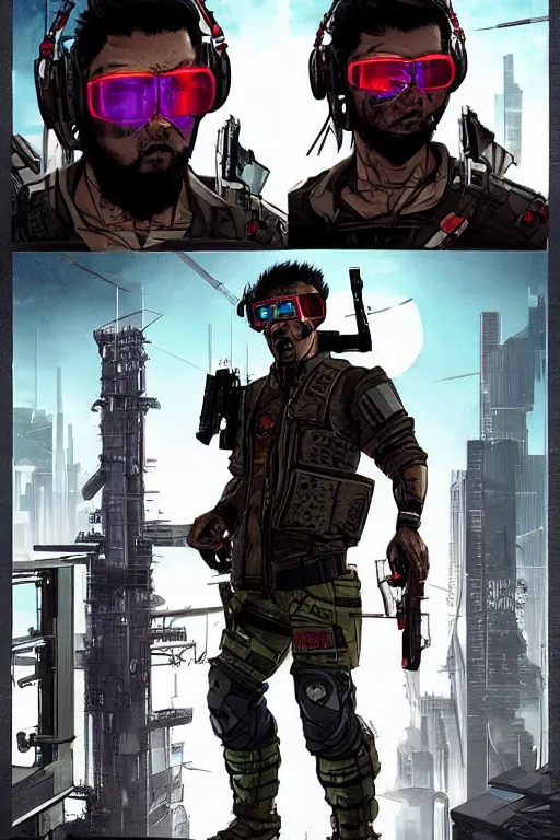 Image similar to Dangerous Hiro. buff Japanese cyberpunk mercenary wearing a cyberpunk tactical headset and military vest. square face. Realistic Proportions. Concept art by James Gurney and Laurie Greasley. Moody Industrial skyline. ArtstationHQ. Creative character design for cyberpunk 2077.