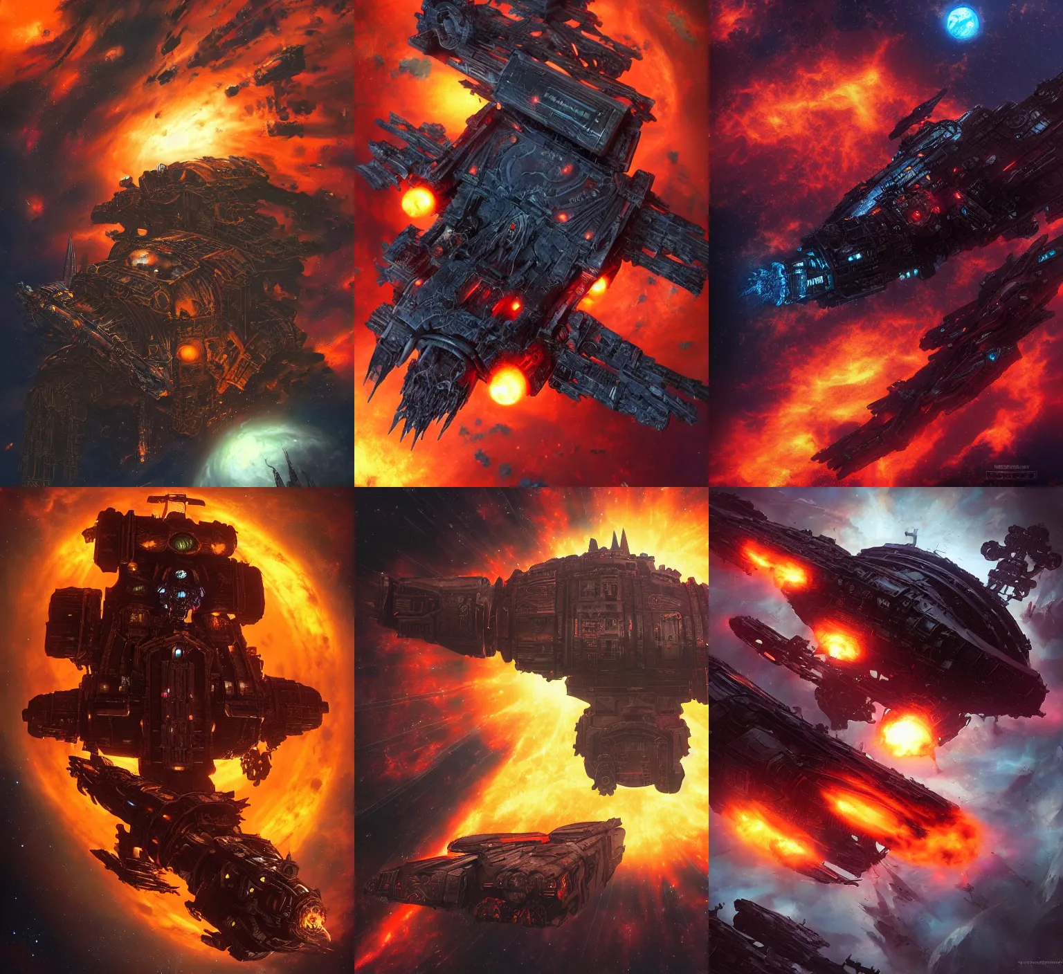 Prompt: a dreadnaught gothic spaceship from warhammer 4 0 k, floating through orange space nebula, giant guns, gothic cathedral, very beautiful digital art, artstation