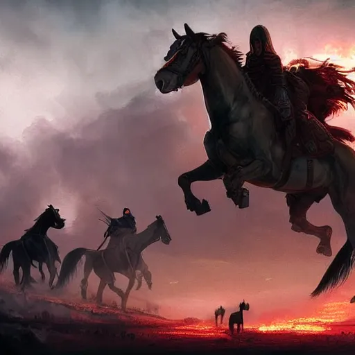 Prompt: the four riders and their horses of the apocalypse, digital Art, Greg rutkowski, Trending artstation, cinematographic, hyperrealistic