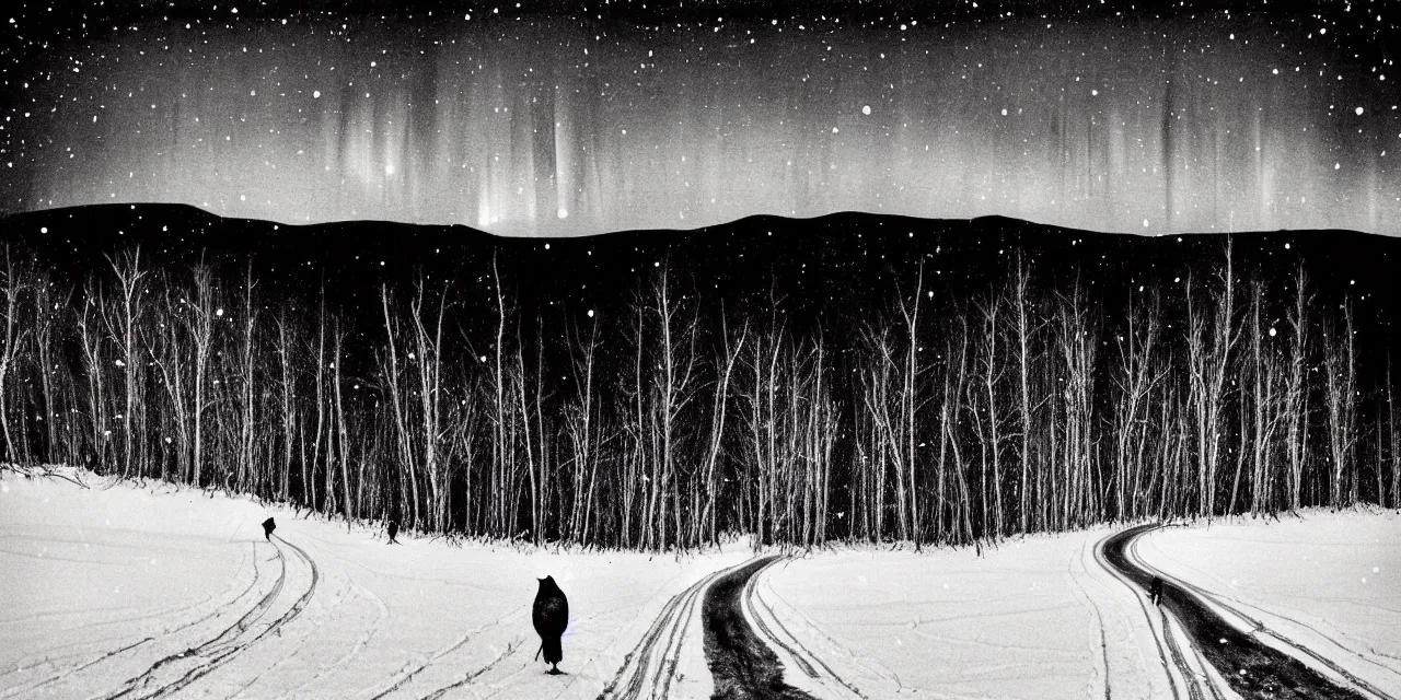 Prompt: laurentian appalachian mountains in winter, unique, original and creative black ink landscape, surrealist artwork, wide angle, snowy night, distant town lights, aurora borealis, deers and ravens, lonely human walking, footsteps in the snow, fascinating textures, outstanding composition